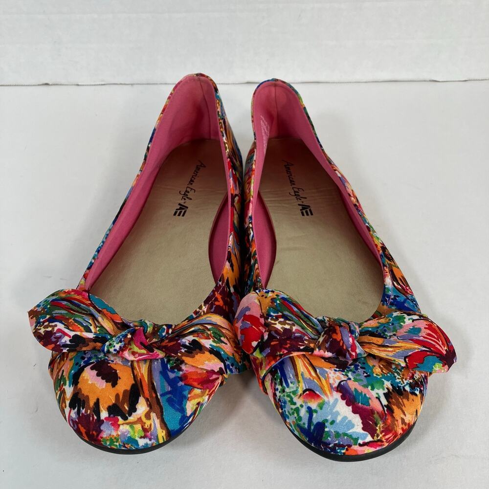 American Eagle Sz 8 Ainsley Boho Floral Ballet Flats w Bow Textile Upper Y2K 90s - Picture 5 of 16